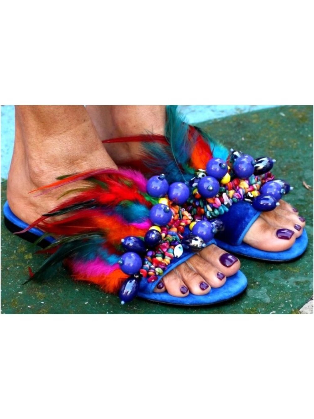 Elina Linardaki Sz 38 Phuket Handcrafted Blue Suede Feather & Beaded Slides